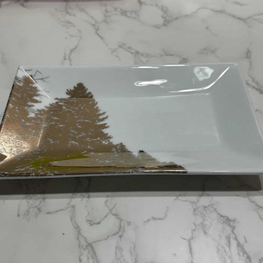 Lot 2 Threshold Porcelain Christmas Tree Rectangular Tray White Gold Pines 8.75